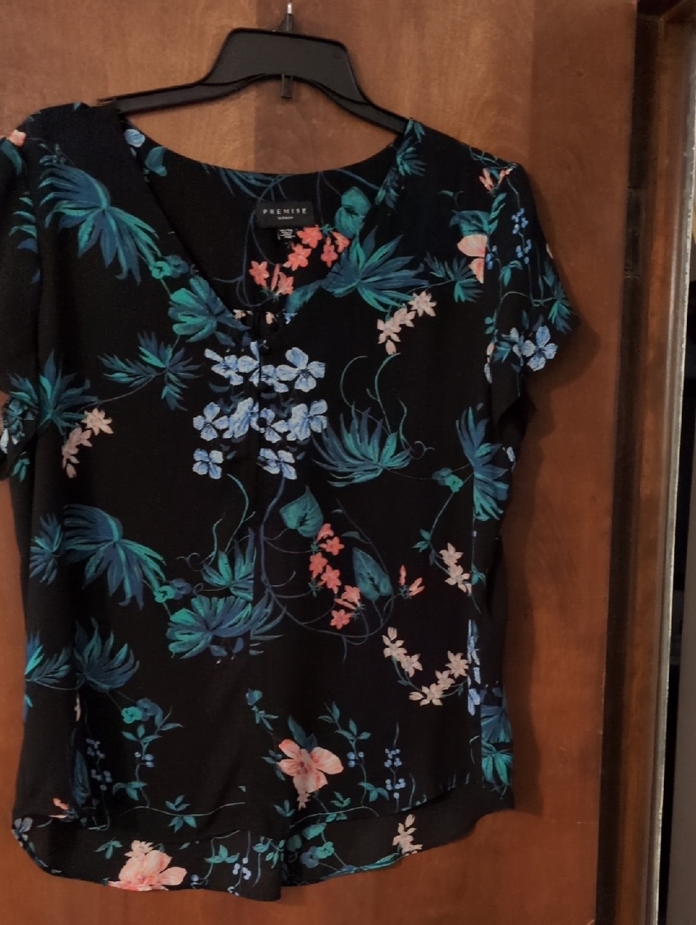 Premise Black Floral Short Sleeve Top with Blue & Coral Accents